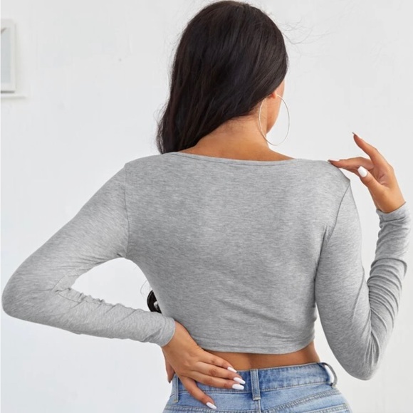 YESSTYLE Grey Long Sleeve Scoop Neck Crop Top Tee - Picture 2 of 7